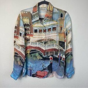 Vintage Nicole Taylor Beaded Scenic Landscape Silk Blouse